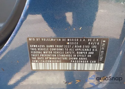 2016 Volkswagen Jetta 1.8T Sel из США, поврежденный, VIN 3VWL17AJ2GM363642